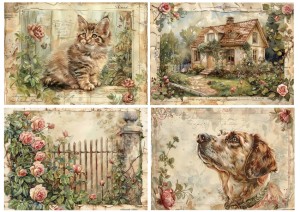Papier ryżowy A4 Artando do decoupage - dom, pies, kot, kwiaty, napisy, Vintage