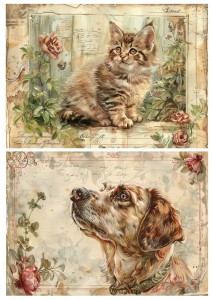 Papier ryżowy A4 Artando do decoupage - pies, kot, kwiaty, napisy, Vintage