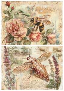 Papier ryżowy A4 Artando do decoupage - świerszcz, pszczoła, kwiaty, napisy,  Vintage