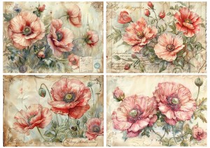 Papier ryżowy A4 Artando do decoupage - kwiaty, maki, napisy,  Vintage