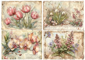 Papier ryżowy A4 Artando do decoupage - kwiaty wiosenne, napisy,  Vintage