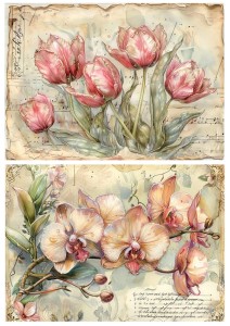Papier ryżowy A4 Artando do decoupage - kwiaty wiosenne, napisy,  Vintage