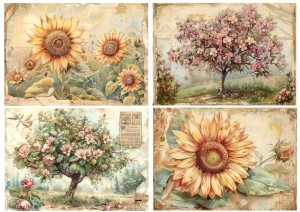 Papier ryżowy A4 Artando do decoupage - kwiaty, słoneczniki, drzewa, napisy,  Vintage