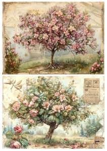 Papier ryżowy A4 Artando do decoupage - kwiaty, drzewa, napisy,  Vintage