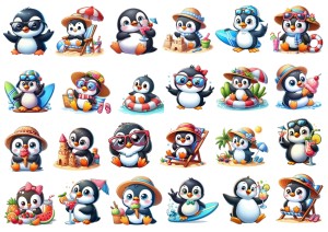 Naklejki, stickersy papierowe 24 sztuki - pingwiny na wakacjach