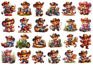 Naklejki, stickersy papierowe 24 sztuki - misie, kowboje, farma, ranczo