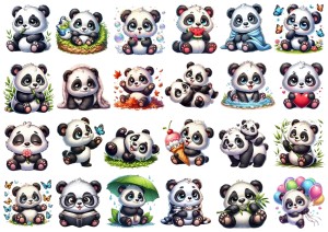 Naklejki, stickersy papierowe 24 sztuki - misie, pandy, panda