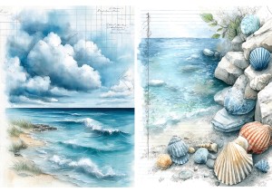 Papier ryżowy A4 Artando do decoupage - morze, widok, pejzaż morski, plaża, muszle, muszelki 