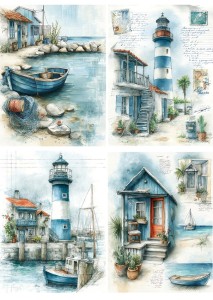 Papier ryżowy A4 Artando do decoupage - morze, widok, pejzaż morski, latarnie, łódki, napisy