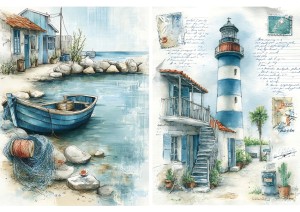Papier ryżowy A4 Artando do decoupage - morze, widok, pejzaż morski, latarnia, łódki, napisy