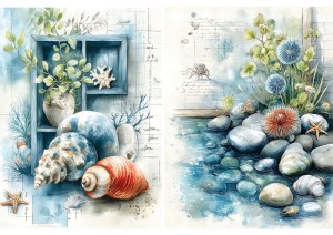 Papier ryżowy A4 Artando do decoupage - morze, widok morski, rośliny, kwiaty, muszle, kamienie 