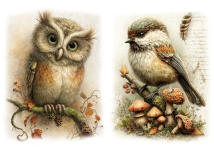 Papier ryżowy A4 Artando do decoupage - ptaki, ptaszki, sowa, liście, grzyby