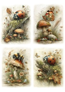 Papier ryżowy A4 Artando do decoupage - owady, motyl, pszczoła, biedronki,  liście, grzyby 