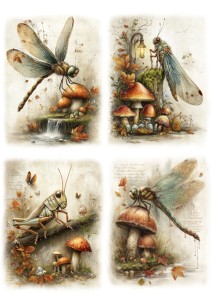 Papier ryżowy A4 Artando do decoupage - owady, ważki, świerszcze,  liście, grzyby 