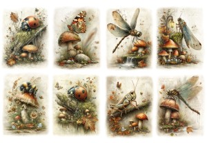 Papier ryżowy A4 Artando do decoupage - owady, ważki, świerszcze, biedronki,  liście, grzyby 