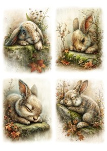 Papier ryżowy A4 Artando do decoupage - zwierzęta, zające, zajączki, liście