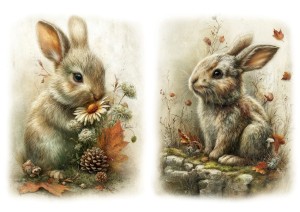 Papier ryżowy A4 Artando do decoupage - zwierzęta, zające, zajączki, liście