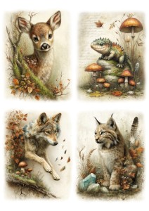 Papier ryżowy A4 Artando do decoupage - zwierzęta, sarna, wilk, ryś, jaszczurka, liście, grzyby