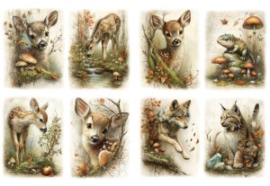 Papier ryżowy A4 Artando do decoupage - zwierzęta, sarny, wilk, ryś, jaszczurka, liście, grzyby