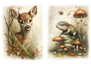 Papier ryżowy A4 Artando do decoupage - zwierzęta, sarna, jaszczurka, liście, grzyby