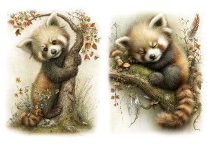 Papier ryżowy A4 Artando do decoupage - zwierzęta, pandy rude, liście, grzyby