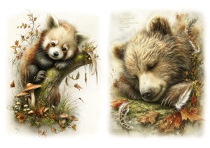 Papier ryżowy A4 Artando do decoupage - zwierzęta, panda ruda, niedźwiedź, liście, grzyby