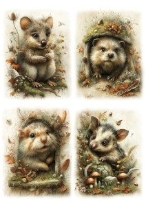 Papier ryżowy A4 Artando do decoupage - zwierzęta, myszy, myszki, liście, grzyby