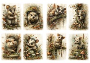 Papier ryżowy A4 Artando do decoupage - zwierzęta, myszy, myszki, liście, grzyby