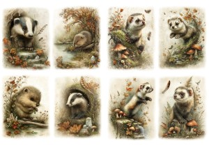 Papier ryżowy A4 Artando do decoupage - zwierzęta, borsuki, bobry, łasica, gronostaj, kuna, liście, grzyby