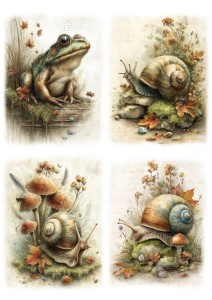 Papier ryżowy A4 Artando do decoupage - zwierzęta, ślimaki, żaba, liście, grzyby 