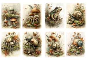 Papier ryżowy A4 Artando do decoupage - zwierzęta, pająki, żuk, ślimaki, żaba, liście, grzyby 