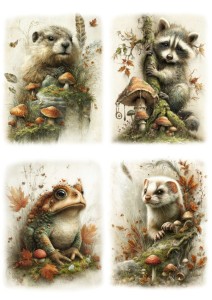 Papier ryżowy A4 Artando do decoupage - zwierzęta, świstak, szop, ropucha, kuna, liście, grzyby 