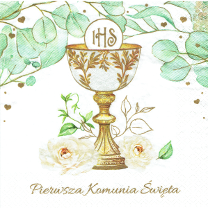 Serwetka decoupage 33x33 cm - Pierwsza Komunia Święta, kielich, hostia, liście, róże