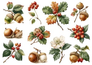 Papier ryżowy A4 Artando do decoupage - liście, gałązki, owoce leśne, żołędzie