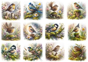 Papier ryżowy A4 Artando do decoupage - ptaki, ptaszki, kwiaty, trawy, mech