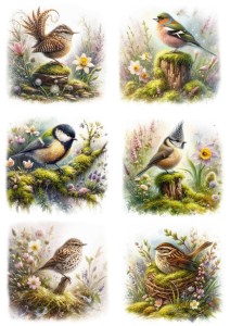 Papier ryżowy A4 Artando do decoupage - ptaki, ptaszki, kwiaty, trawy, mech