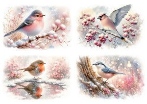 Papier ryżowy A4 do decoupage Artando - ptaki, ptaszki, gałązki, zima