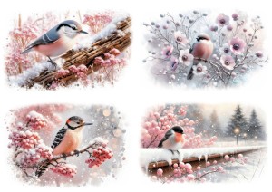 Papier ryżowy A4 do decoupage Artando - ptaki, ptaszki, gałązki, zima