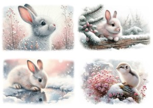 Papier ryżowy A4 do decoupage Artando - zwierzęta, zające, zajączki, zima