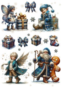 Papier ryżowy A4 do decoupage Artando - elfy, krasnale, Mikołaj, prezenty, śnieżynki, zima