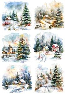 Papier klasyczny A4 do decoupage - widok zimowy, pejzaż, domki, kościoły