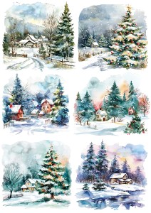 Papier klasyczny A4 do decoupage - widok zimowy, pejzaż, domki, choinki