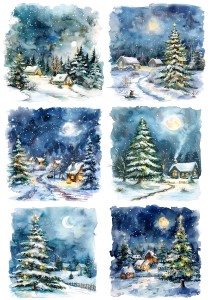 Papier klasyczny A4 do decoupage - widok zimowy, pejzaż, domki, choinki, noc