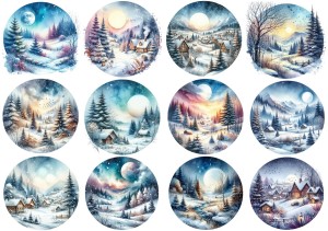 Papier klasyczny A4 do decoupage - widok zimowy, pejzaż, domki, choinki, zima