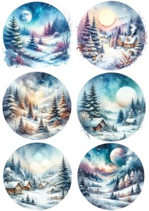 Papier klasyczny A4 do decoupage - widok zimowy, pejzaż, domki, choinki, zima