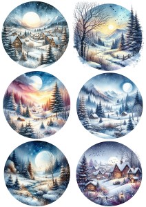 Papier klasyczny A4 do decoupage - widok zimowy, pejzaż, domki, choinki, zima