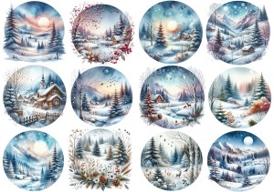 Papier klasyczny A4 do decoupage - widok zimowy, pejzaż, domki, choinki, góry, zima