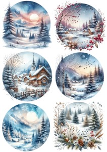 Papier klasyczny A4 do decoupage - widok zimowy, pejzaż, domki, choinki, góry, zima 