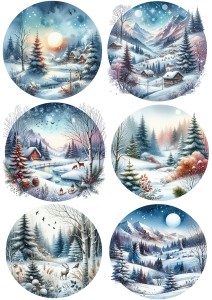 Papier klasyczny A4 do decoupage - widok zimowy, pejzaż, domki, choinki, góry, zima