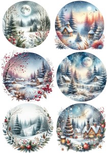 Papier klasyczny A4 do decoupage - widok zimowy, pejzaż, domki, choinki, zima